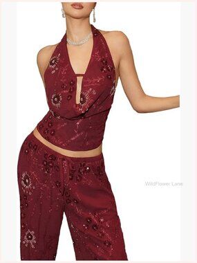 Sequin Halter Top Sparkly Open Back Draped Low Cut Rave Clubbing Tank